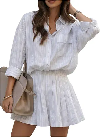 SOLY HUX Women's Striped Button Down Long Sleeve Shirt Shorts Set