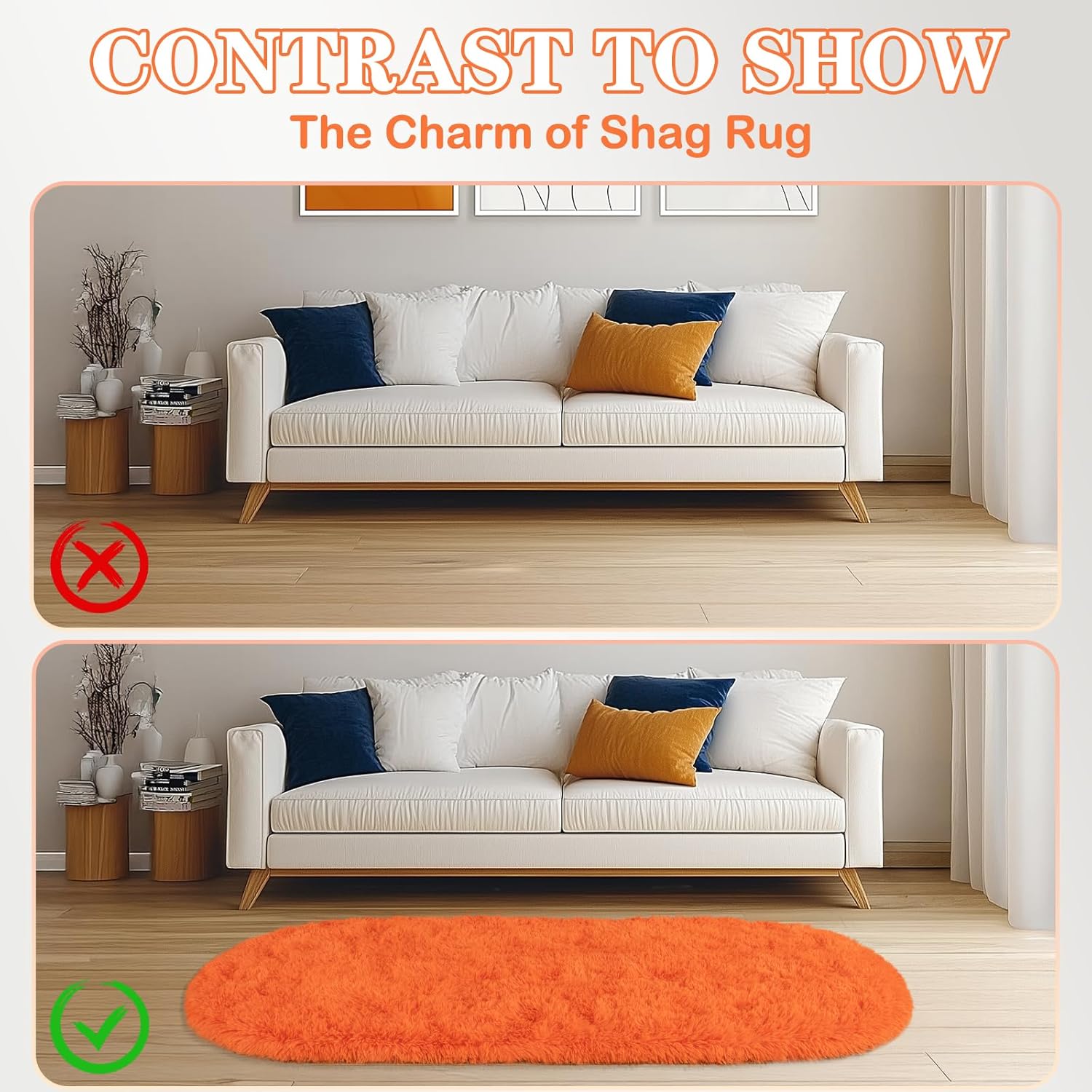 Soft Fluffy Area Rug for Bedroom, Orange Fuzzy Shaggy Oval Throw Rugs for Bedside, Non-Slip Cozy Plush Shag Carpet for Girls Kids Room Nursery Dorm Living Room, 2.6 x 5.3 Feet