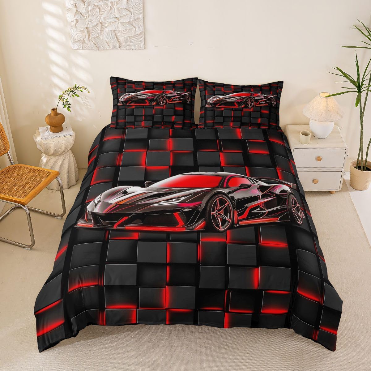jejeloiu Race Car Duvet Cover Full Size Speed Sports Car Comforter Cover for Boys Girls Extreme Sports Bedding Set 3Pcs Red Honeycomb Room Decor No Comforter Breathable Soft Lightweight Microfiber
