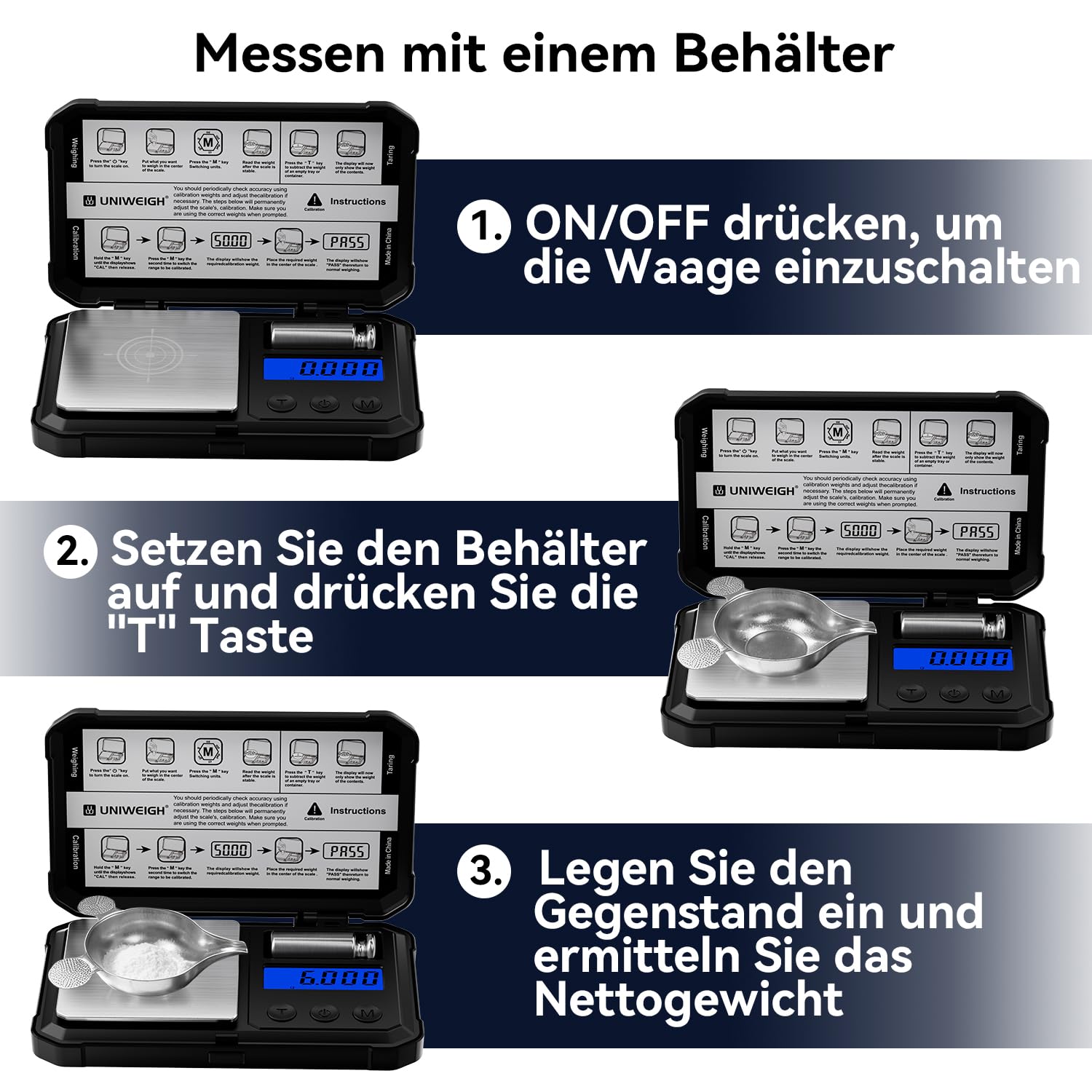 UNIWEIGH Milligramm-Waage 50g/0.001g Hochpräzise, Digitale Schmuckwaage Mit LCD/Tara, 6 Einheiten, Mikro-Gramm für Pulver, Medizin, Münze, Gold, Reloading - Inkl. Cal Weight, Batterien