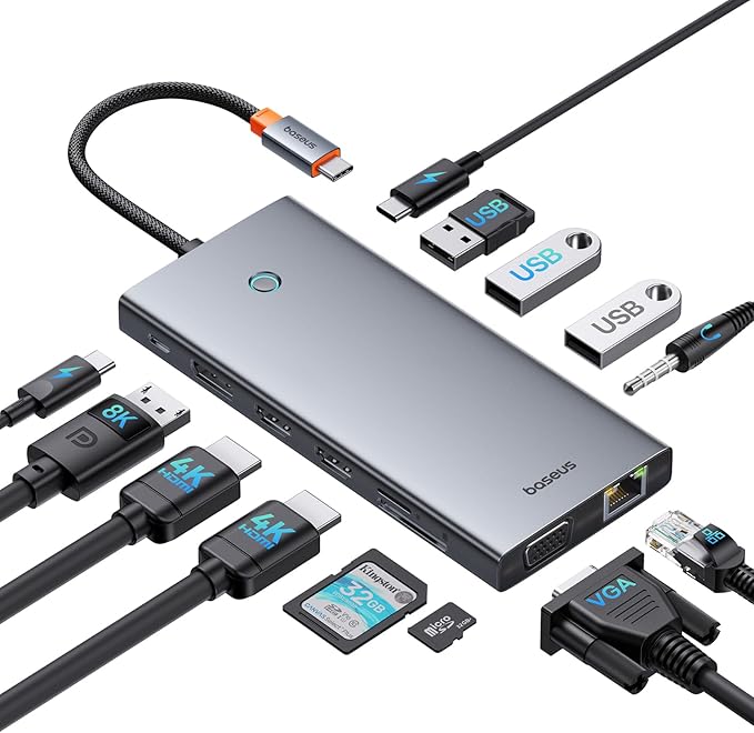 Baseus Docking Station USB C para 3 Monitores, 13-en-1 Hub USB C con 2 HDMI 4K@60Hz, DisplayPort 4K@120Hz, VGA, Port Datos de USB 3.1 10Gbps, PD 100W y Ethernet para Dell/HP/Lenovo/Surface Laptop