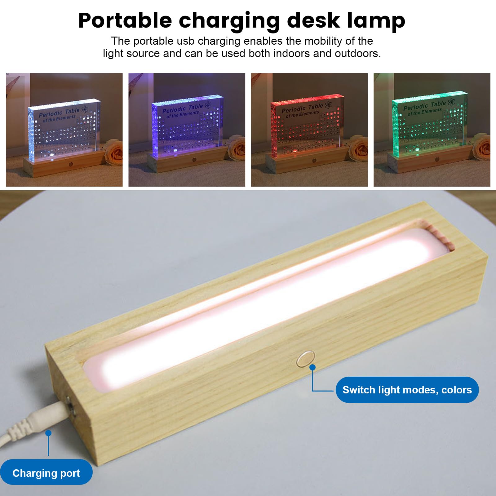 IGTOPS Tablica okresowa z prawdziwymi pierwiastkami, 160 * 120 * 27mm, akrylowa tabela okresowa 83 pierwiastków z podstawą LED, lampa stołowa, plakat do nauki chemii, prezent do wyświetlania układu