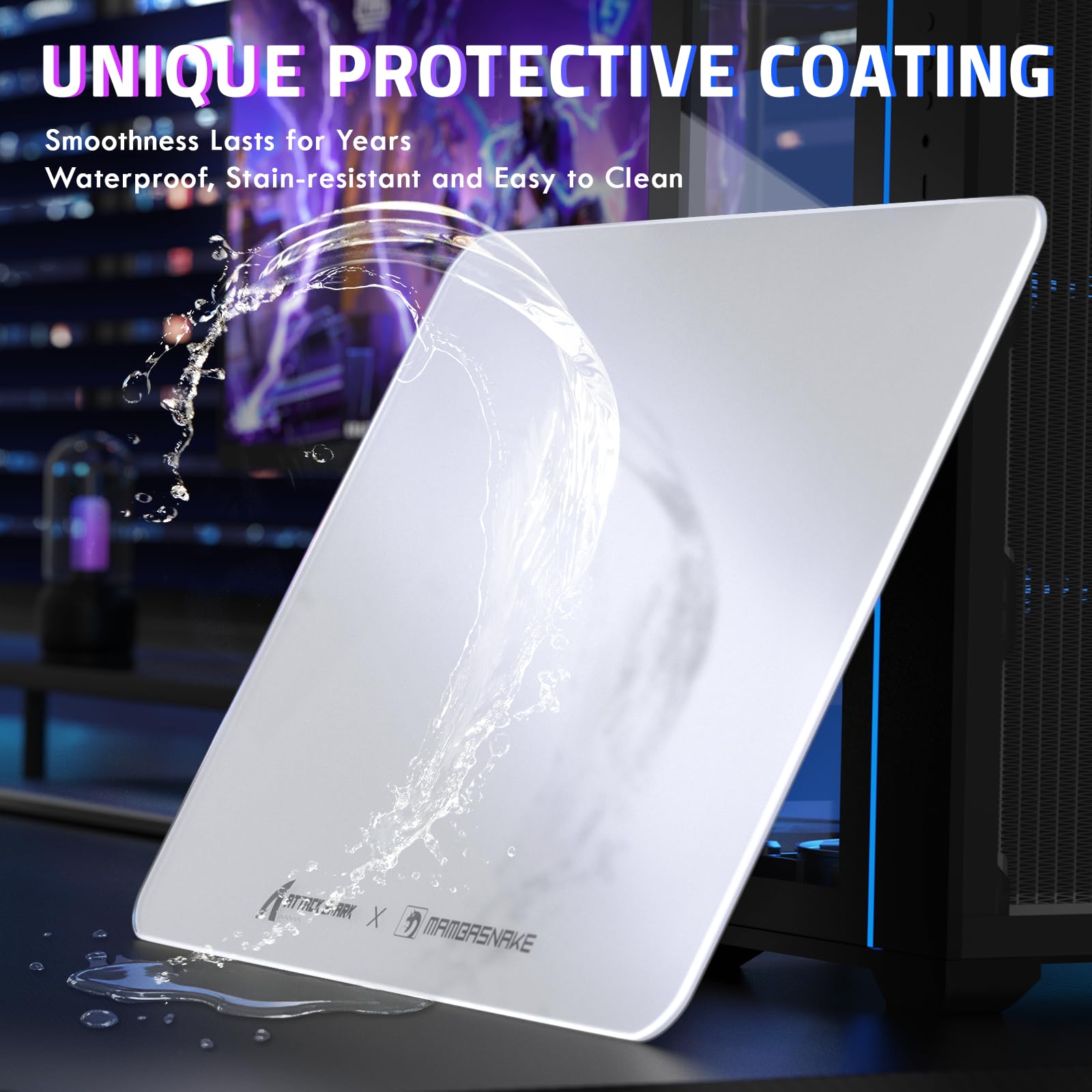 ATTACK SHARK CM05SE Tappetino Per Mouse In Vetro Temperato, Durezza 9H Anti-Graffi, Superficie Ultra-Liscia Incisa Nano, Base PU Antiscivolo, Alta Precisione, Movimento Veloce, 410×310×5mm - Bianco