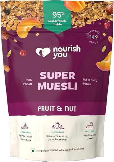 Nourish You Super Muesli Fruit &amp; Nut 400g Pack | Whole Grain Muesli with Rolled Oats, Quinoa, Bajra, Jowar, Ragi, Brown Ri...