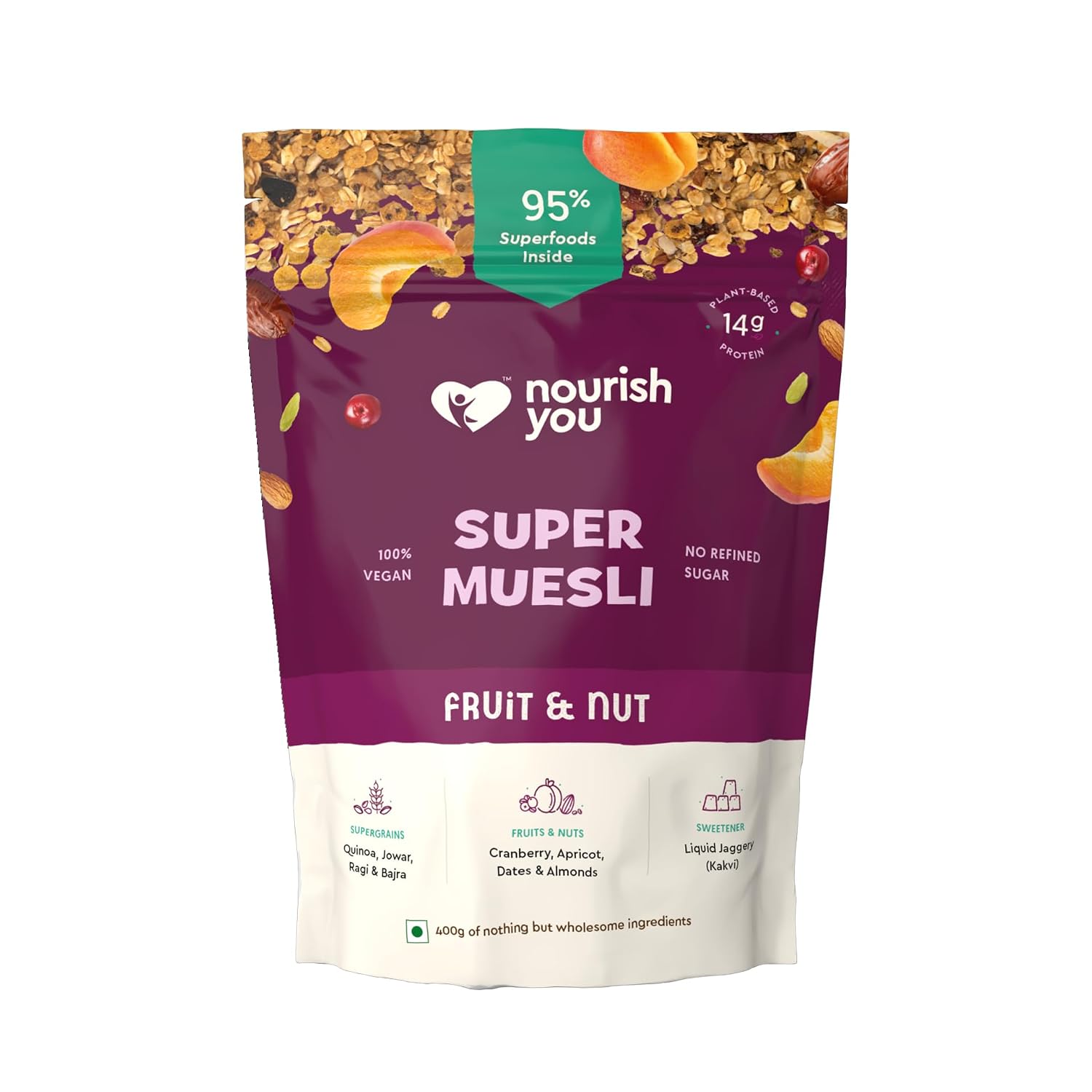 Nourish You Super Muesli Fruit & Nut 400g Pack | Whole Grain Muesli with Rolled Oats, Quinoa, Bajra, Jowar, Ragi, Brown Ri...