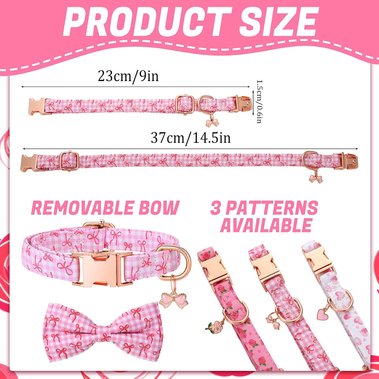 3 Pack Pink Dog Collars for Small Dogs Girl Dog Collar with Bow Tie image 2