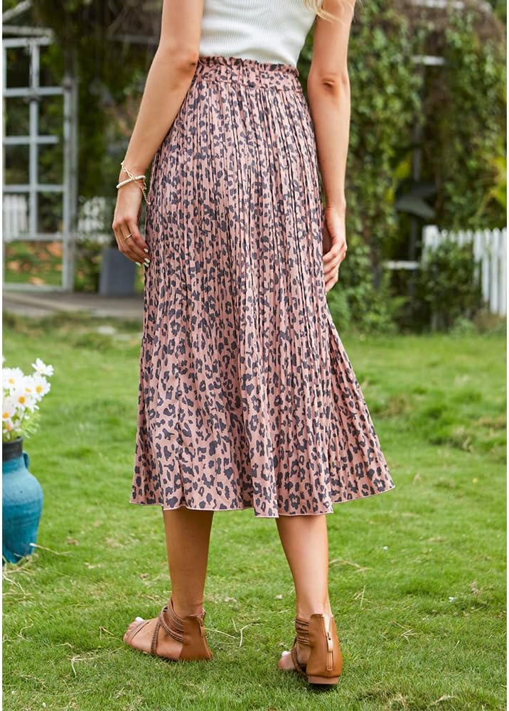 EXLURA Womens High Waist Polka Dot Pleated Skirt Midi Swing Skirt with Pockets Pink-Leopard - Image 4