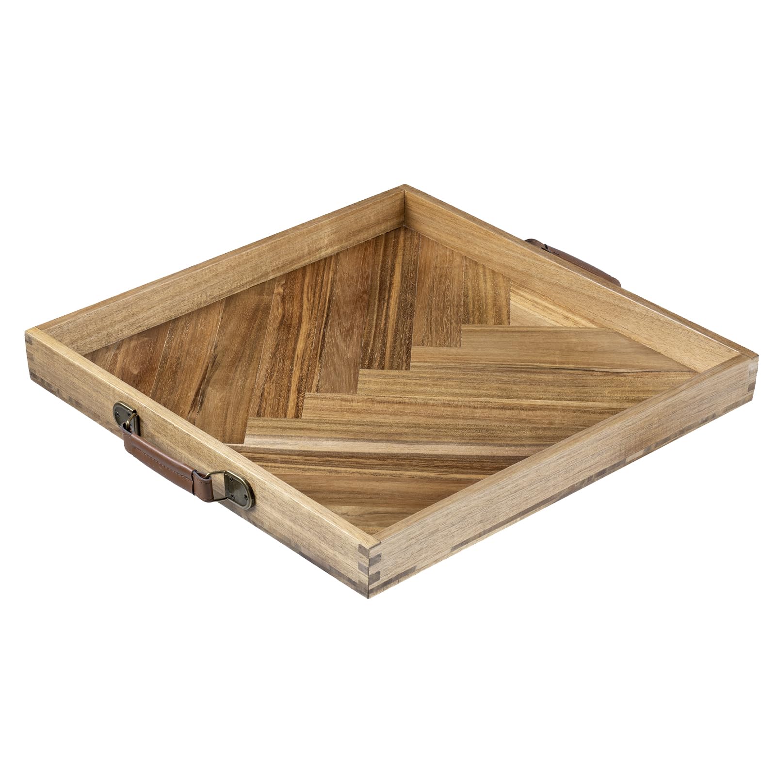 MyGift 18-Inch Herringbone Solid Acacia Wood Serving Tray – Square Ottoman Tray with PU Leather Handles, Rustic Coffee Table or Breakfast Display Tray