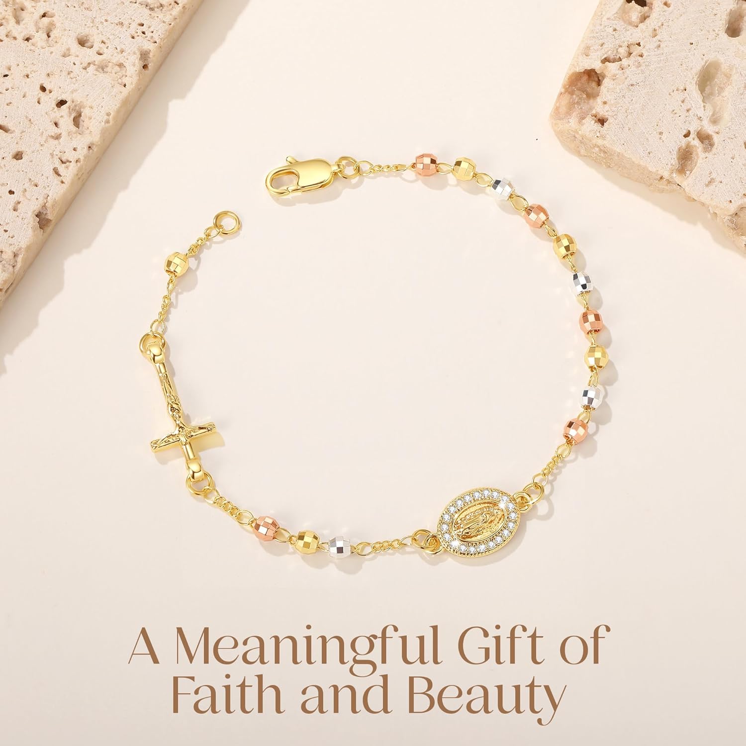 Catholic Crucifix Gifts Rosary Bracelet for Women-14K gold plated Virgin Mary Jesus Cross Charm Link Chain, Dainty Virgen de Guadalupe Religious Gift for Confirmation Baptism First Communion - Image 6