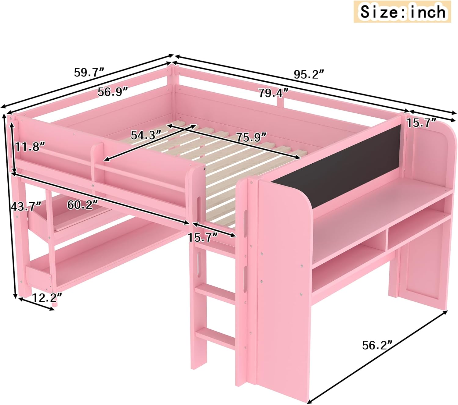 Bellemave Full Loft Bed with Storage Boxes and Bookshelves, Solid Wood Kids Loft Bed with Desk and Blackboard, Low Loft Beds Frame for Kids, Girls, Boys, Childlike Design, Pink