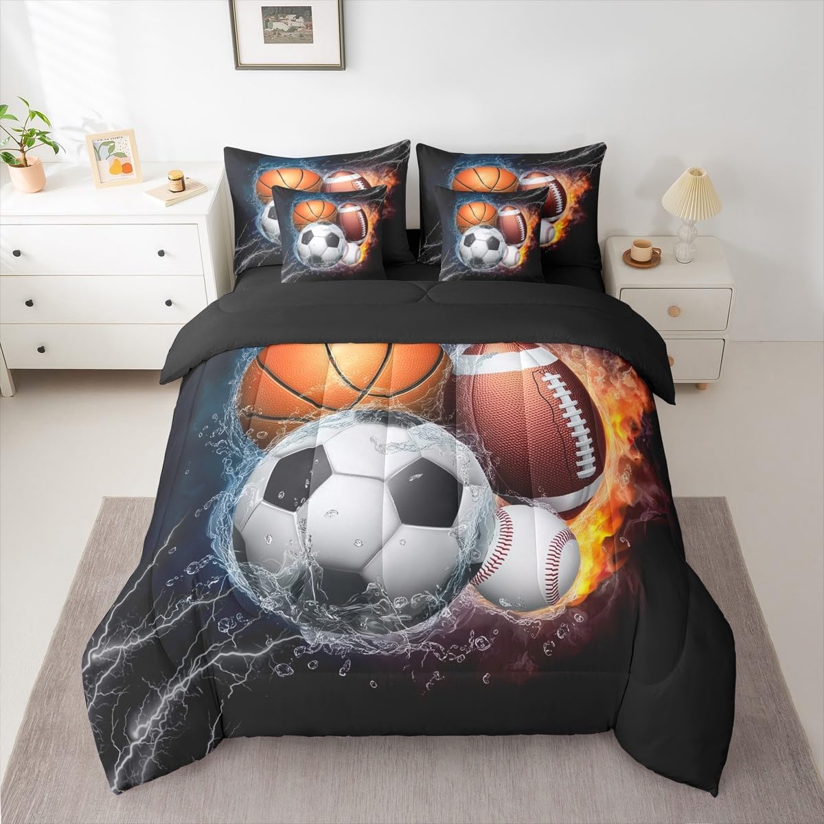 Erosebridal Football Bedding Set Twin Size 7 Pieces Kids Basketball Soccer Ball Pattern Bed Sets for Boys Girls Baseball Sports Theme Bed in A Bag with Comforter,Sheets,Pillowcases&Cushion Covers