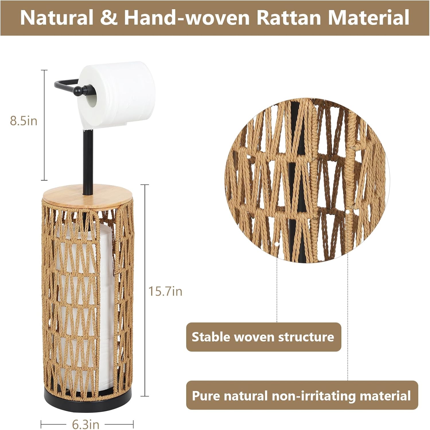 Freestanding Toilet Paper Holder with Storage,3 Rolls of Boho Toilet Paper Holder Stand with Lid,Gold Toilet Tissue Holder Stand Rattan Paper Storage Wicker Toilet Roll Holder Basket