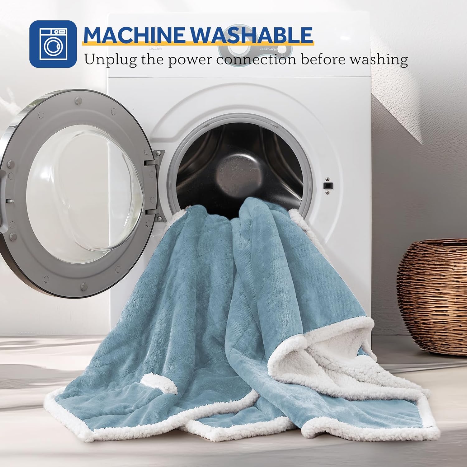 Sealy Heated Throw Wearable Shawl Wrap with Pockets, Reversible Flannel to Sherpa Electric Blanket Hoodie Poncho with 6 Heating Levels & 2-10 Hours Time Settings, 50 X 60 Inch, Light Blue - Image 8