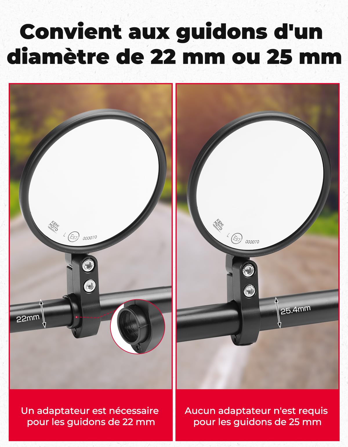 KEMIMOTO CNC Rétroviseurs Moto Homologués E57, Rotatifs à 360°, Rétroviseurs de Guidon Ronds, Compatibles avec la Plupart des Motos, VTT et Scooters (2 pièces)