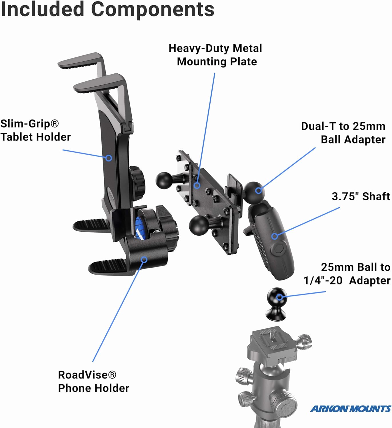 ARKON Mounts Content Creator Tripod Mount, Dual Tablet and Phone Holder for Live Streaming, Slim-Grip Tablet and RoadVise Phone Holders, Fits iPad iPhone Samsung
