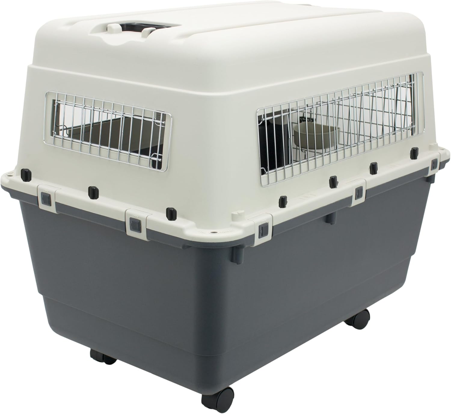 SportPet Airline Compliant X-LARGE 32.25" Travel Dog Kennel-Durable Plastic Airline Pet Carrier w/Removable Wheels & Food Bowls, Collapsible Indoor/Outdoor Dog Kennel, Dog up to 32"L & 23"H-Cream/Gray