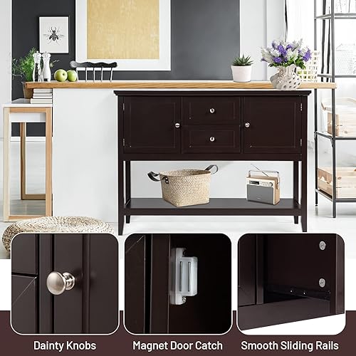 Miniatura 4 de Buffets y aparadores de madera, armario de buffet con 2 cajones de almacenamiento, mesa consola con estante inferior largo y patas de pino, gabinete