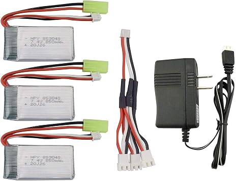 3PCS 7.4V 850mAh Battery with Charging Conversion Cable & Charger for 9300 9301E 9302E 9303E 9034E 9305E 2.4G 118 Full-Scale Remote Control High-Speed Off-Road RC Car