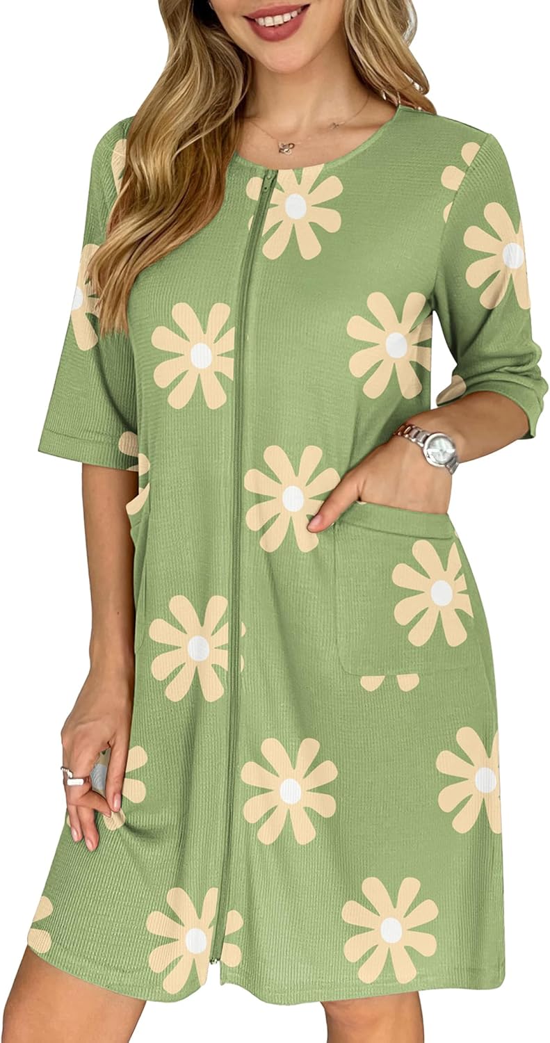 Ekouaer Zip Up Robes for Women Short Waffle Bathrobe Lightweight house coat 3/4 Sleeve Soft Nightgown with Pockets S-3XL