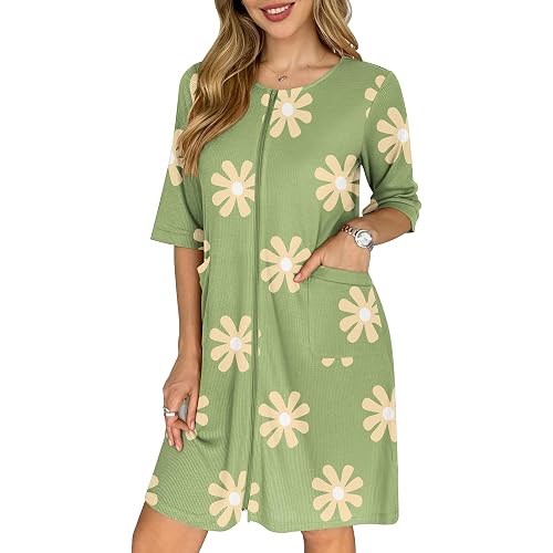 Ekouaer Zip Up Robes for Women Short Waffle Bathrobe Lightweight house coat 3/4 Sleeve Soft Nightgown with Pockets S-3XL
