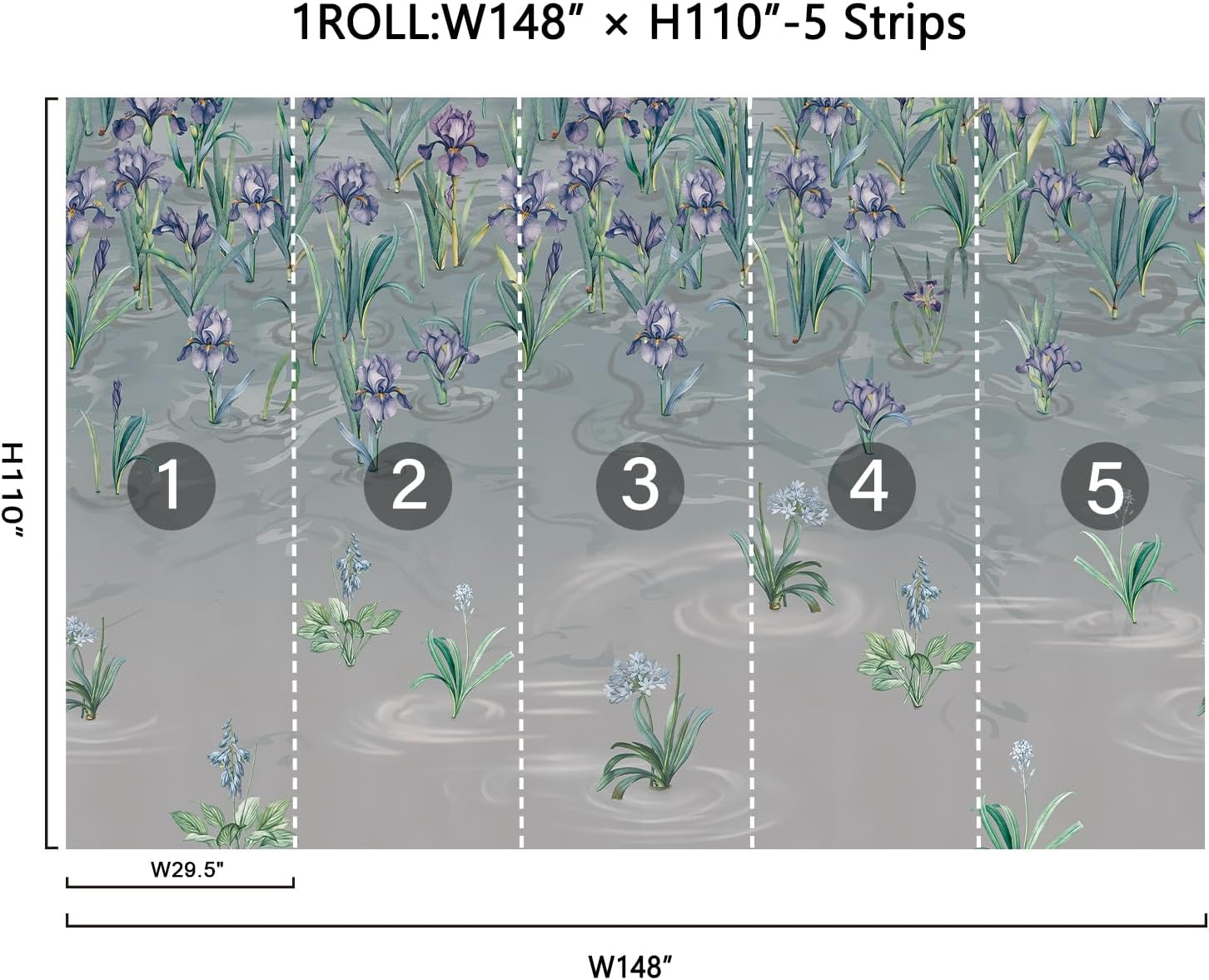 Large French Floral Wall Murals Peel and Stick Dusty Blue Irises Flower Wall Art (148" W x 110" H) Meadow Wildflowers Landscapes Murals Oil Painting Canvas Wall Decor for Bedroom Bathroom Living Room