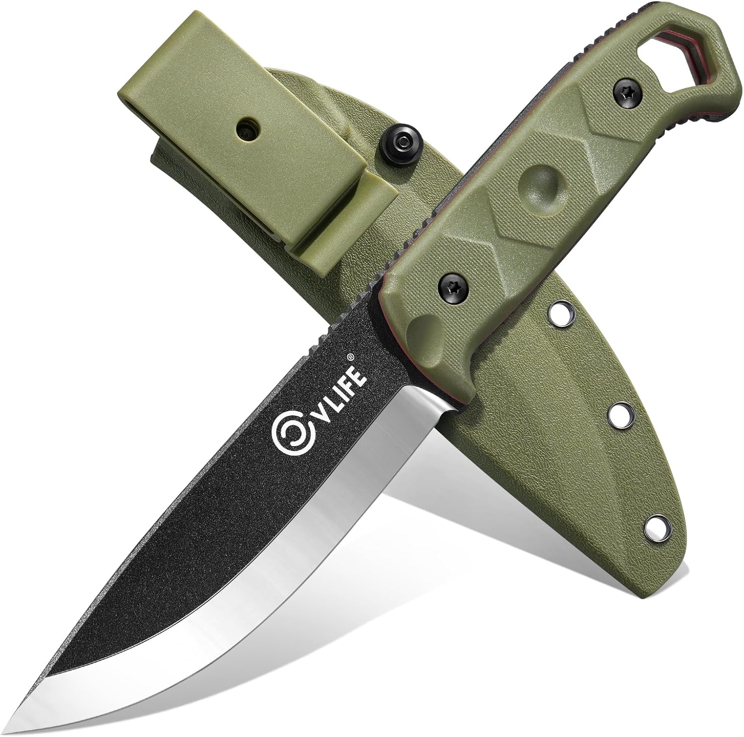 CVLIFE Full Tang Fixed Blade Knife with Sheath, Sharp 5.1'' D2 Steel Survival Knives with Ergonomic Non-Slip Handle & Multi-Angle Clip, EDC Camping Hunting Bushcraft Knives Outdoor Tools, Green