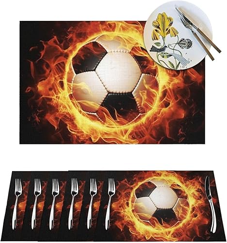 6 PCS PVC Placemats Set Place Mats Burning Football Non-Slip Weave Place Mats 12" x 18" Farmhouse Table Mat Set for Family Dinners Wedding Parties