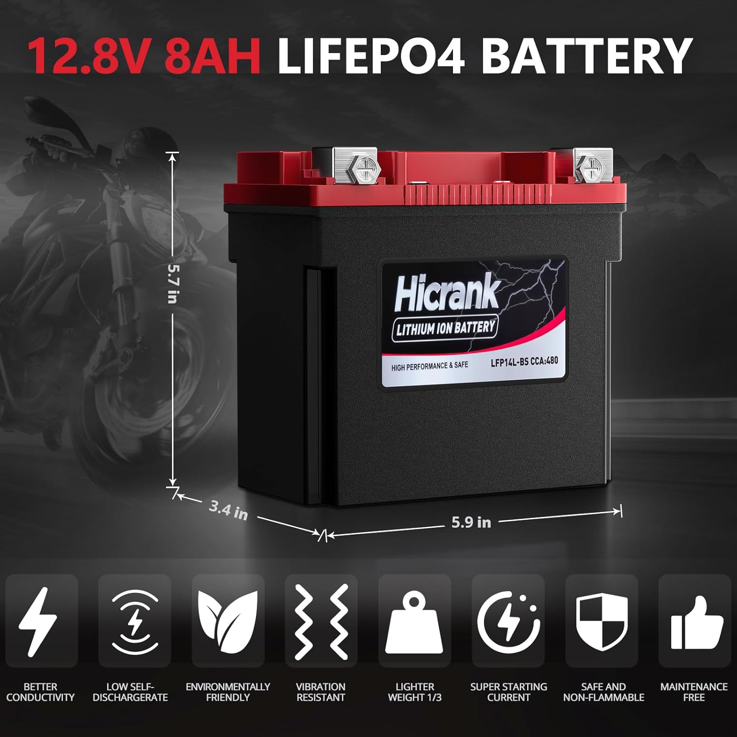 YTX14L-BS (GYZ16HL) Lithium 12V 8Ah 480CCA LiFePO4 Motorcycle Battery, Powersports Battery for Honda KTM Yamaha Harely, Fit ATV, UTV, Motocross, 4 Wheeler, Quad, Riding Lawn Mower