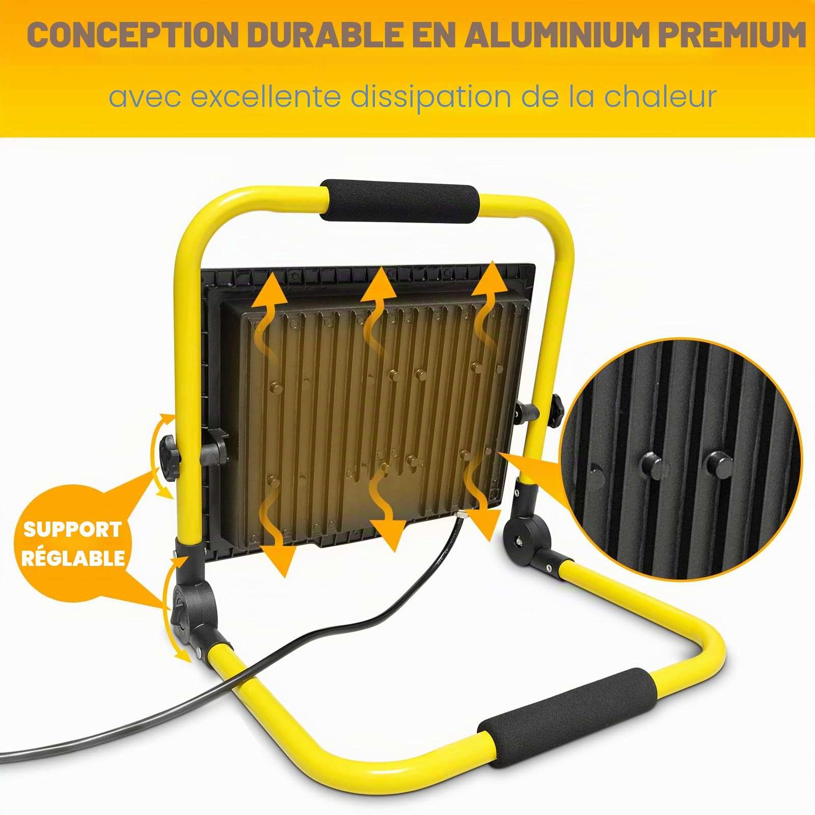 PICAA 100W Projecteur LED Portable de Chantier avec Prise, 10000LM | Lampe d'extérieur Pliable,rotation à 360°, pour travaux d'atelier, garage, terrasse, jardin, étanche IP66, 6000K Blanc