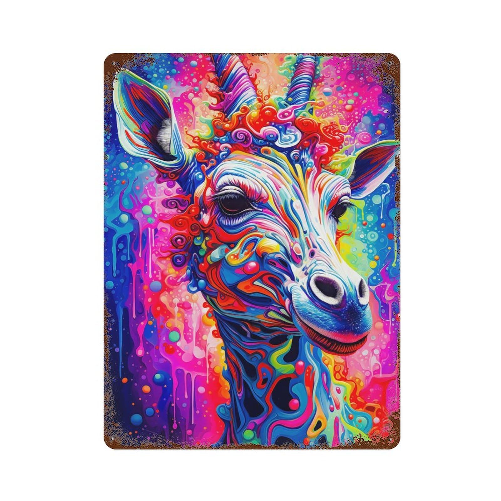 Psychedelic Giraffe 15.7"x11.8" Distressed Metal Wall Sign, Shabby Chic Decor for Office, Studio And Wall Decor