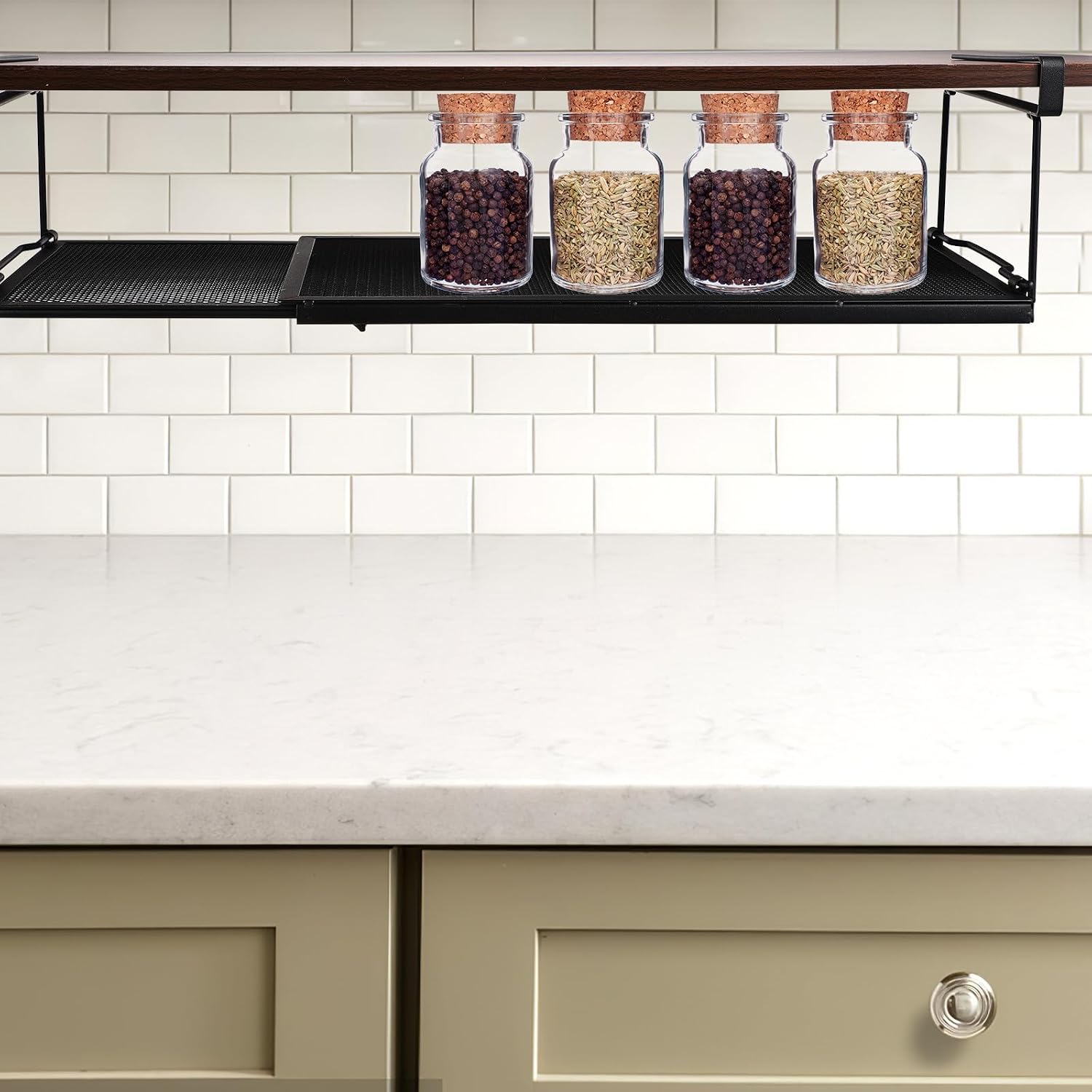 Expandable under Shelf Organizer Rack for Kitchen and Shoe Storage, Black Metal Hanging Shelf with No Drilling Required and Easily Accessible Design for Room