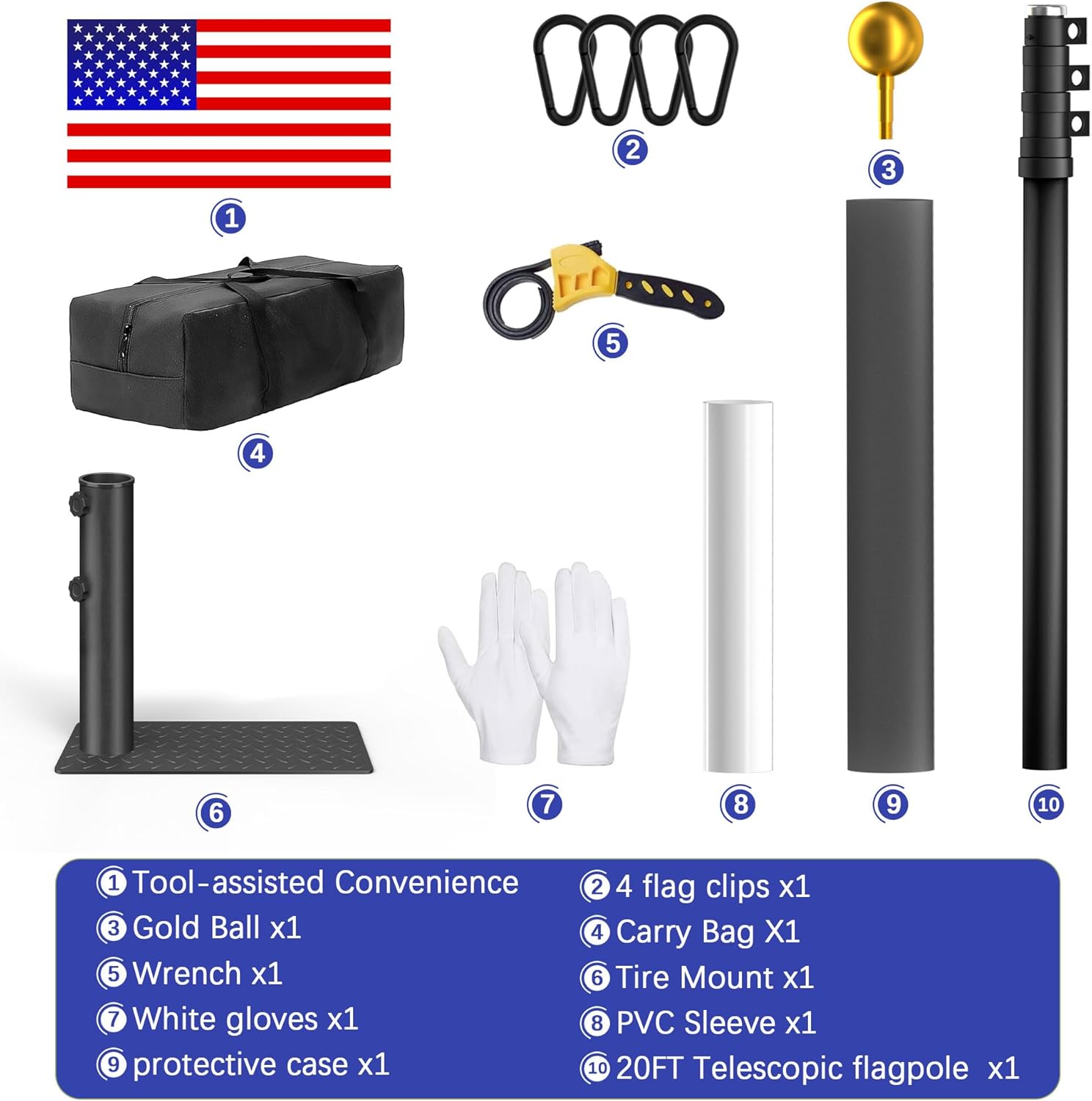 20FT Heavy Duty Tailgate Flag Pole Kit- Portable Telescoping Flag Pole with Tire Mount,Extend the Car Scratch Resistant Protective Cover & US Flag Portable for Camping/Tailgating/Outdoor Party