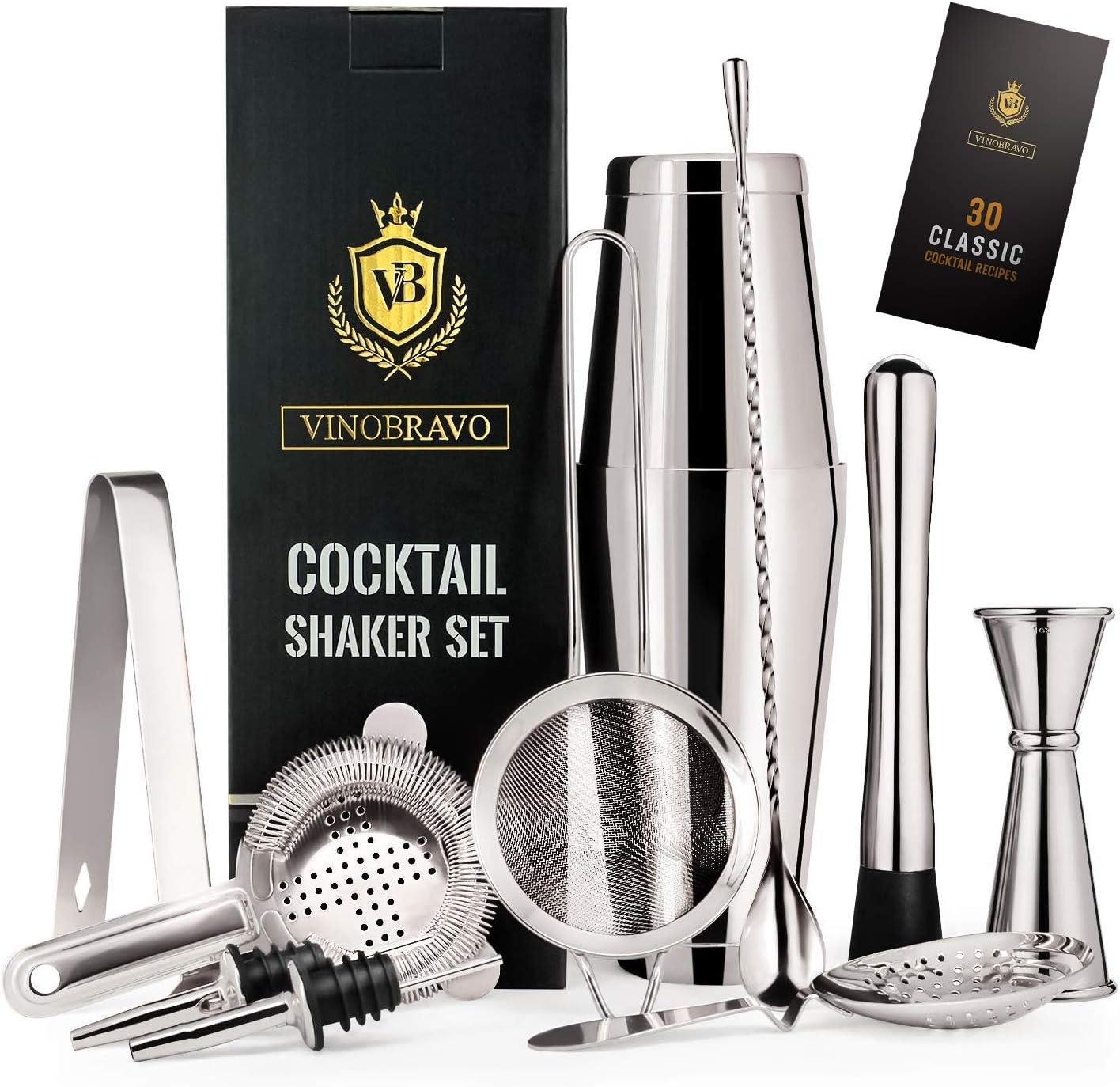 Vinobravo 11-Piece Boston Cocktail Drink Shaker Set Made From 304 Stainless Steel Bar Tools Bartender Kit with Recipe of 30 Classic Mixing Drink (Silver)