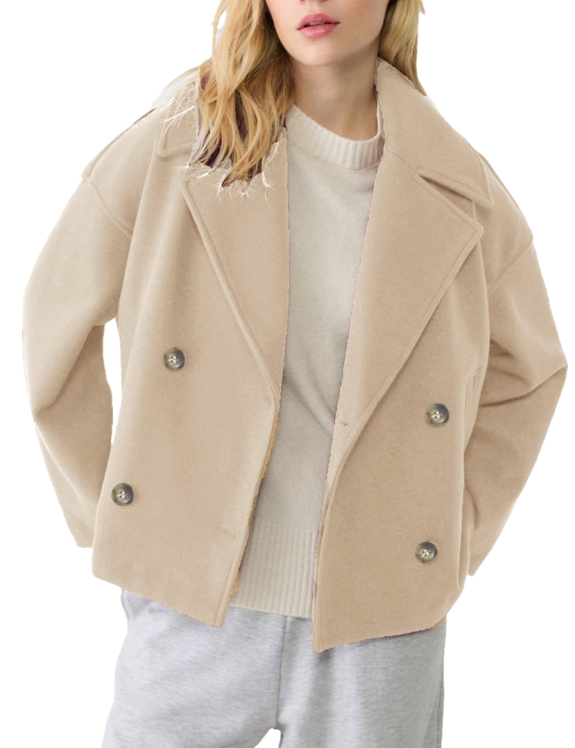 Womens Cropped Pea Coat Long Sleeve Notched Lapel Trench Overcoat Casual Double Breasted Jackets with Pockets-image-0