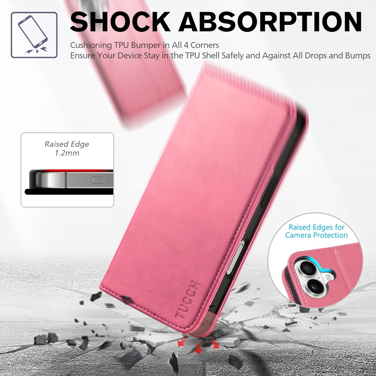 TUCCH Case Wallet for iPhone 16, [3 Card Slots] Kickstand PU Leather [RFID Blocking] Case, Flip Folio Cover with [TPU Shockproof Interior Shell] Compatible with iPhone 16 2024, Hot Pink