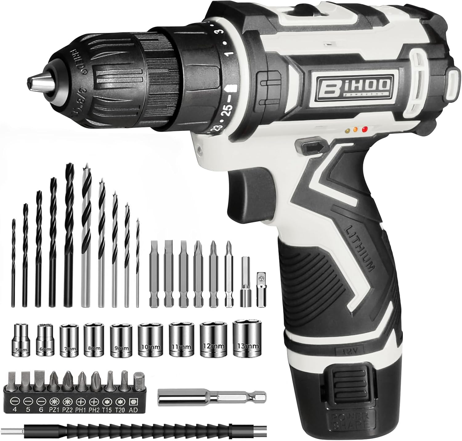 12V Cordless Drill Driver Kit, 2-Speed 0-1600 RPM, 25+1 Torque, 3/8" Keyless Chuck, LED Light, Battery & Charger, Drill Bits Set, for Wood/Metal/Plastic DIY Projects, Home Repair