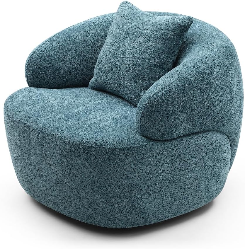 360° Swivel Barrel Chair, 35.04" Modern Curved Accent Single Sofa Chair, Boucle Fabric Barrel Sofa with Pillow for Living Room Bedroom Nursery Coffee Bar - Blue