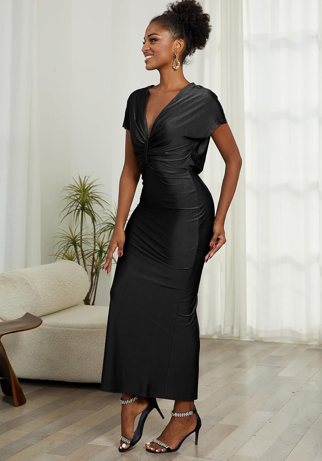 Ptorlio Womens Elegant Maxi Dresses Plus Size Bodycon Short Sleeve V Neck Formal Slit Evening Long Dress - Image 6