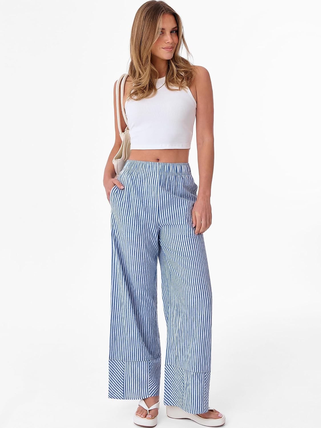 ANRABESS Womens Gingham Pants Checkered Plaid Striped Boxer Wide Leg Palazzo Pants Lounge PJ Bottoms Trousers with Pockets