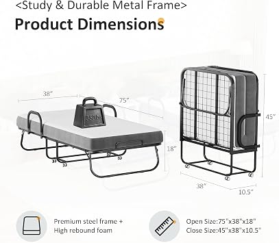 Twin Size Folding Bed 75'' x 38'' with Memory Foam Mattress, Extra Wide Portable Rollaway Guest Beds for Adults, Foldable Bed with 360 Wheels, Space-Saving Design for Home, Office