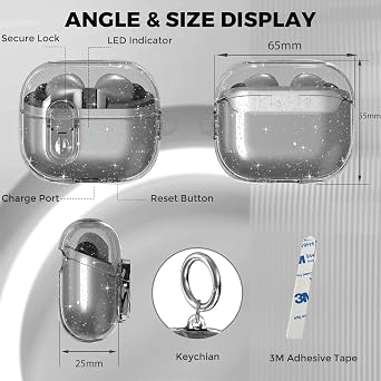 Compatible with Samsung Galaxy Bud 3 Pro Case/Buds3/Buds 3 FE Case Clear Lock Clip with Cleaner Kit, Transparent TPU Galaxy Buds Pro 3 Protective Cover Men Women with Carabiner, Glitter Black