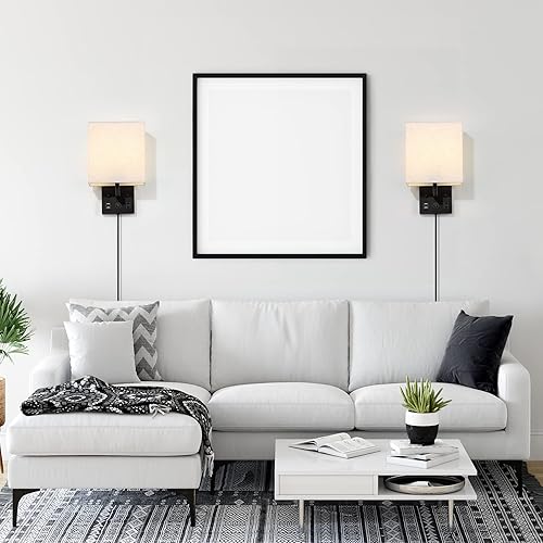Miniatura 8 de HAITRAL Apliques de pared enchufables con bombillas, lámparas de pared para dormitorio con USB y tomacorriente, juego de 2 apliques de pared con