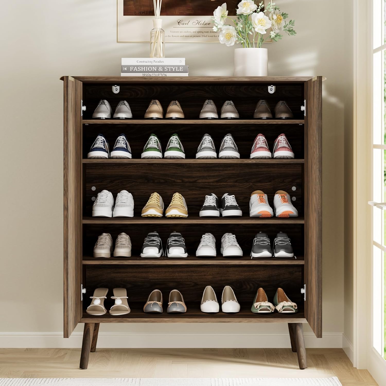 Fluted Shoe Cabinet with Doors, Large 5-Tier Shoe Cabinet Storage for Entryway, Walnut Wooden Shoe Cabinet with Adjustable Shelves, Modern Freestanding Shoe Storage Organizer for Entryway
