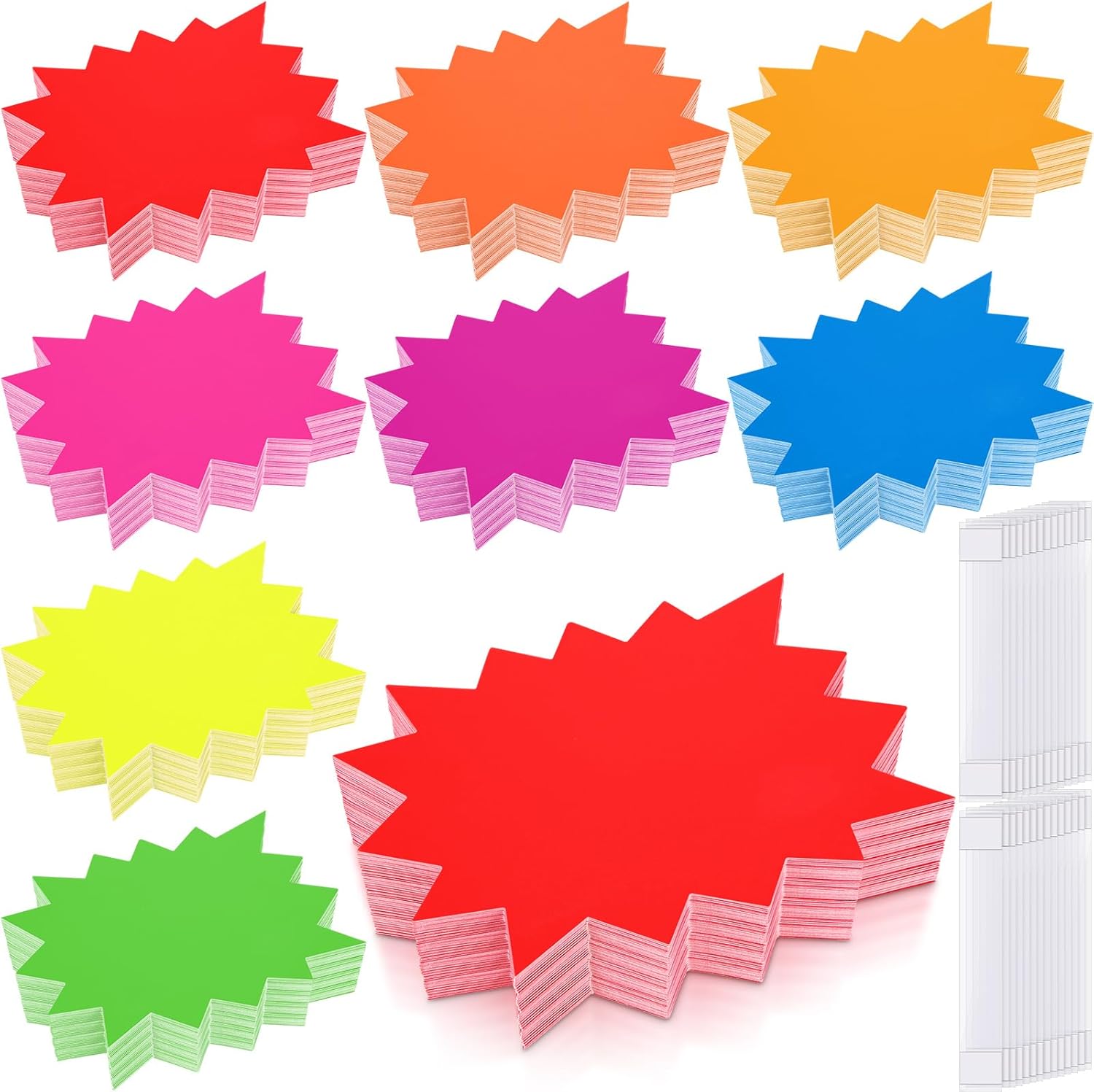 Colarr 360 Pcs 5 x 6.7 Inch Burst Star Signs Fluorescent Neon Signs with PVC Sticky Transparent Strip, 8 Colors Starburst Signs Paper Cutouts for Retail, Garage Sale Pricing Sign, Yard Sale Supplies