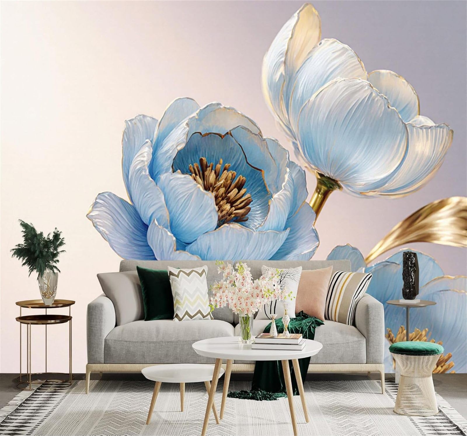 Xlming 150Cm×105Cm(B×H) Blue Peony Golden Stem Elegant Petals 3D Wallpaper Silky Texture Home Study Office Grey Dining Room Sofa Bedroom Living Room Tv Backdrop-150Cm×105Cm
