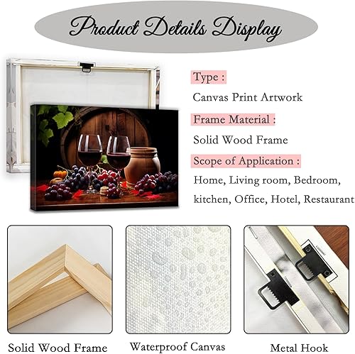 Miniatura 6 de QIXIANG Cuadro de vino tinto para decoración de pared, diseño de barril de madera de uva, vino, impresiones en lienzo para decoración de