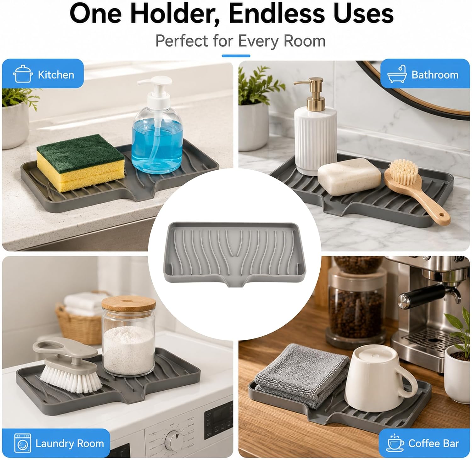 Silicone Sponge Holder for Kitchen Sink, 10" x 5.2" Sink Caddy with Sloped Drain Design, Self-Draining Soap Tray for Kitchen Accessories, Bathroom and Laundry (Gray)