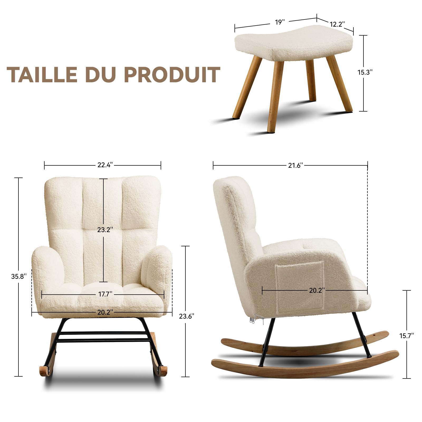 COMHOMA Fauteuil à Bascule, Fauteuil de Relaxation, avec accoudoirs, en Peluche Peluche, Charge maximale : 150 kg, Chaise Longue de Jardin pour Chambre, Beige avec Repose-Pieds