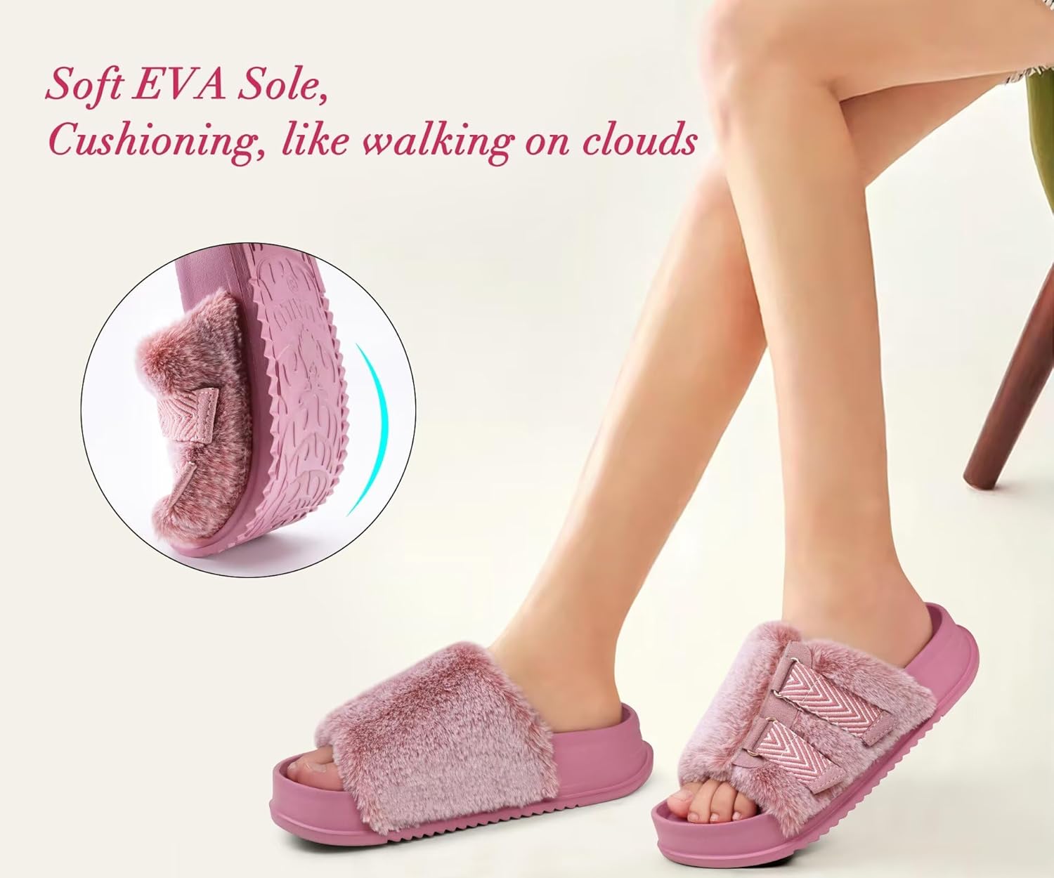 KuaiLu Womens Orthotic Sandals Comfortable Plantar Fasciitis Arch Support Faux Fur Sandal Slippers For Woman Adjustable Cushion Slides Slip On Indoor Outdoor Memory Foam House Shoes, Pink Size 12 - Image 5
