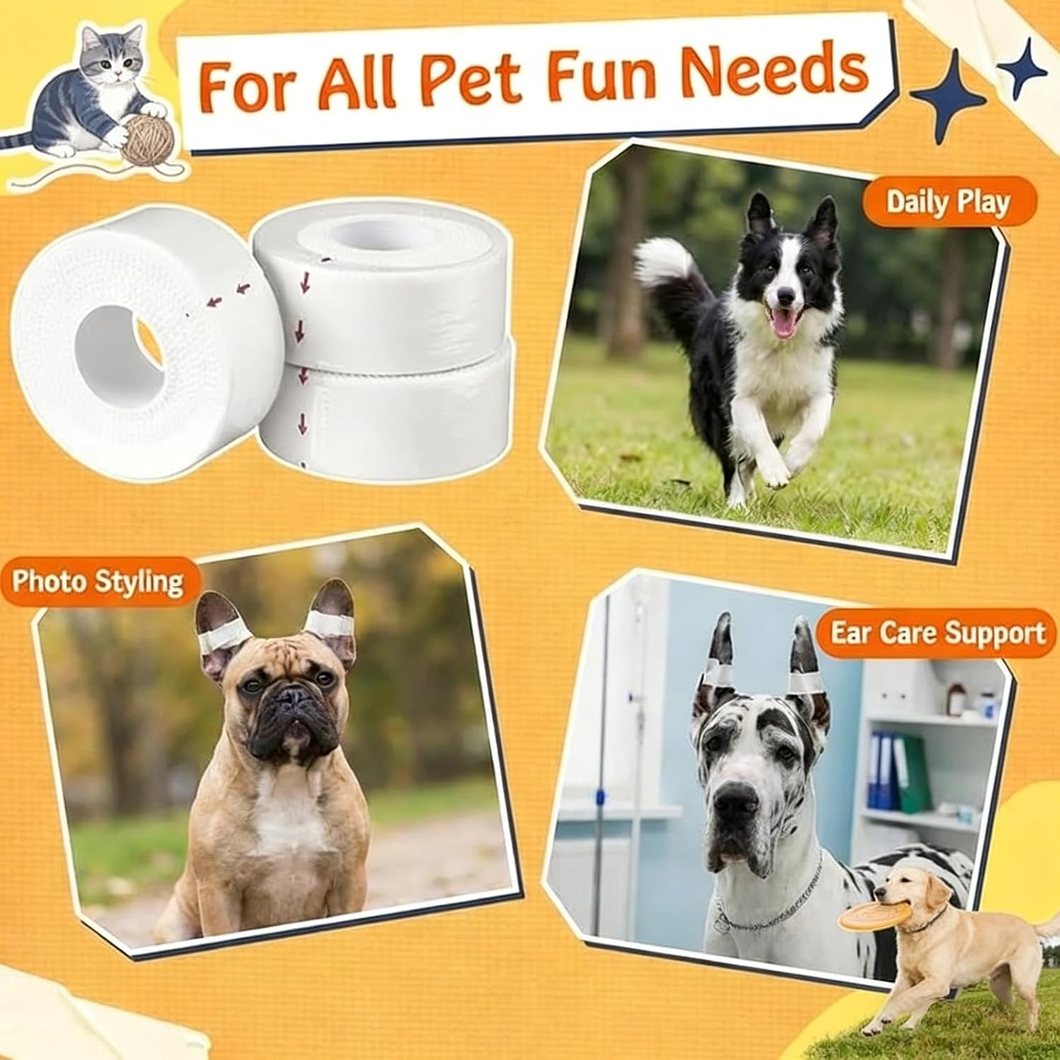 4 Roll Ear Tape for Dog Ears 1 Inch Self Adhesive Cotton Tape for Dog Ear Protection and Support, Dog Ears Stand up Care Tape for Doberman Ear Posting Kit